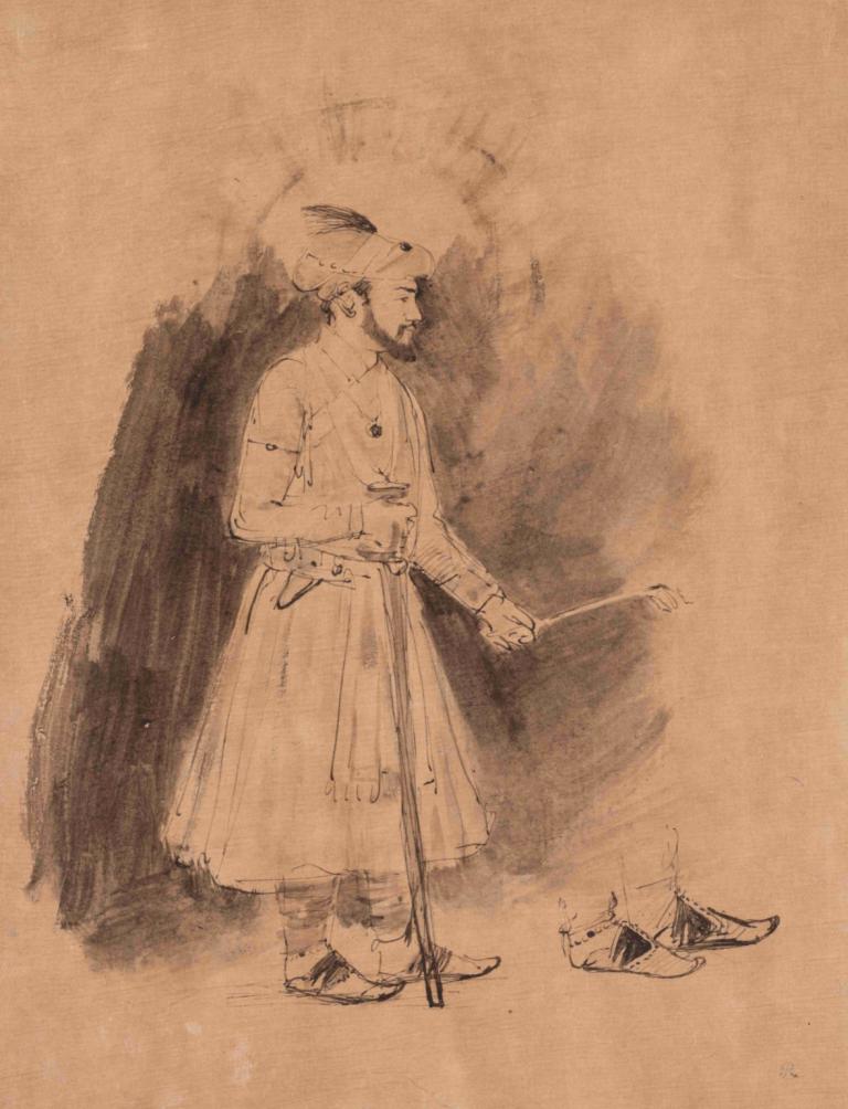 Shah Jahan,Rembrandt van Rijn,Croquis,Croquis, 1garçon, monochrome, solo, sépia, foyer masculin, Poils, arme