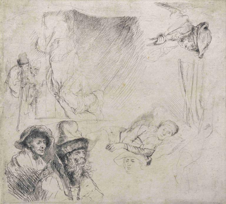 Sheet of Studies (with a woman lying ill in bed),Feuille d'études (avec une femme malade au lit)