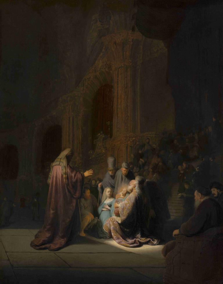 Simeon's Song of Praise,Simeons lovsang,Rembrandt van Rijn,Oliemaleri,Oliemaleri, kunstparodi, langt hår