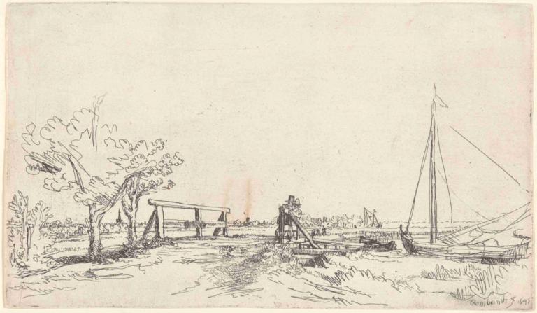 Six’s Bridge,식스 브릿지,Rembrandt van Rijn,렘브란트 반 라인,스케치,스케치, 보트, 선박, 나무, 단색화, 전통 미디어, 여자 1명, 옥외, 독주, 스케치