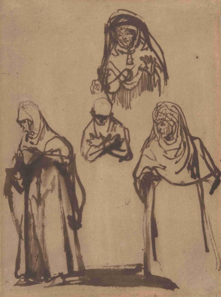 Study Sheet with Three Women and a Boy,Studijní list se třemi ženami a chlapcem,Rembrandt van Rijn,Náčrt