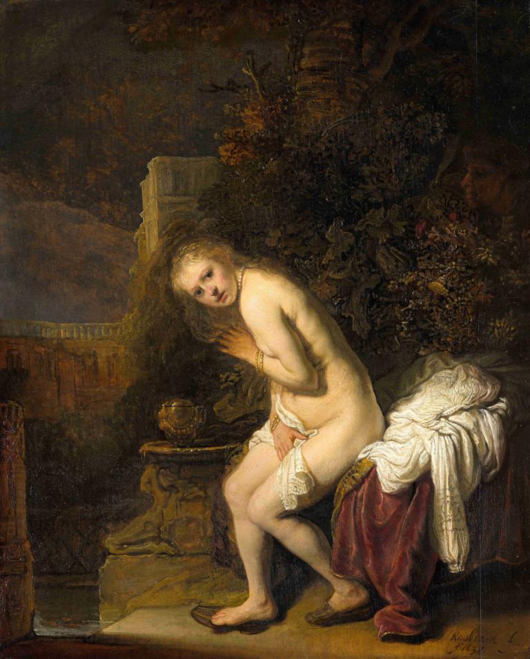 Susanna,Rembrandt van Rijn,Olejomalba,Olejomalba, parodie na výtvarné umění, 1 dívka, sólo, blond vlasy