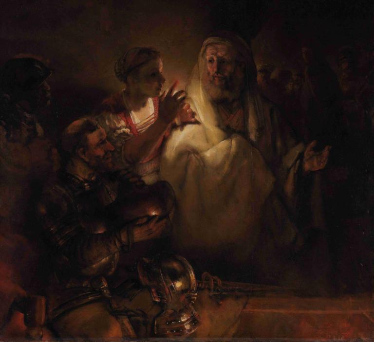 The Denial of St Peter,圣彼得的否认,Rembrandt van Rijn,伦勃朗,油画,油画, 多个男孩, 盔甲, 美术模仿, 黑暗的, 多个女孩, 长袍