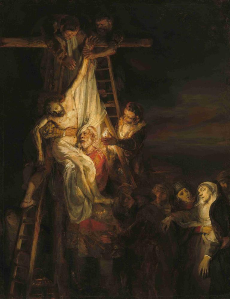 The Descent from the Cross,下十字架,Rembrandt van Rijn,伦勃朗,油画,油画, 美术模仿, 多个男孩, 戏仿, 假传统媒体, 黑暗的, 6+男孩, 坐着, 多个女孩, 胡子