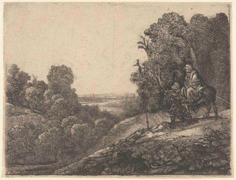 The Flight into Egypt,飞往埃及,Rembrandt van Rijn,伦勃朗,铜版画,铜版画, 树, 单色, 户外, 坐着, 边界, 传统媒体, 自然, 风景