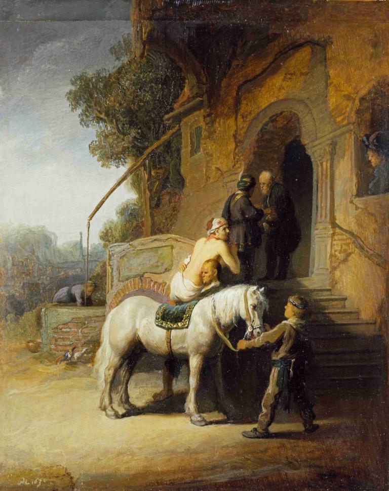 The Good Samaritan,好撒玛利亚人,Rembrandt van Rijn,伦勃朗,油画,油画, 多个男孩, 美术模仿, 帽子, 传统媒体, 假传统媒体, 绘画（中）, 户外, 树, 马, 孩子