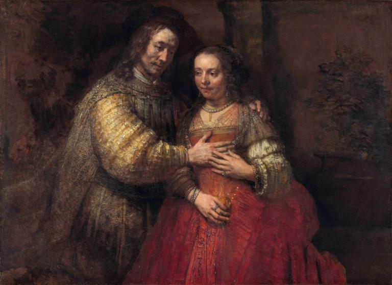 The Jewish Bride,Rembrandt van Rijn,Oil Painting,Oil Painting, fine art parody, 1girl, jewelry, 1boy, ring