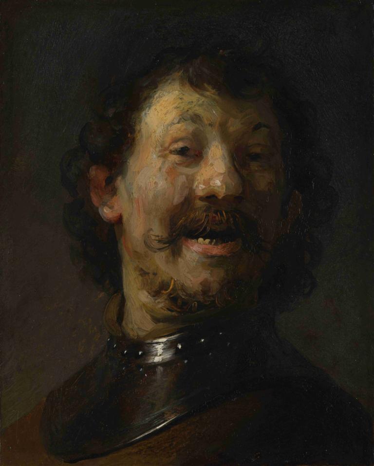 The Laughing Man,Rembrandt van Rijn,Oil Painting,Oil Painting, solo, 1boy, male focus, facial hair, mustache