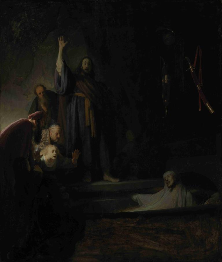 The Raising of Lazarus,Rembrandt van Rijn,Oil Painting,Oil Painting, multiple boys, dark, black hair, robe