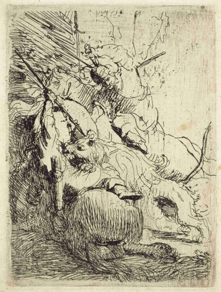 The Small Lion Hunt (with one lion),Lov na malega leva (z enim levom),Rembrandt van Rijn,Bakrorez Jedkanica