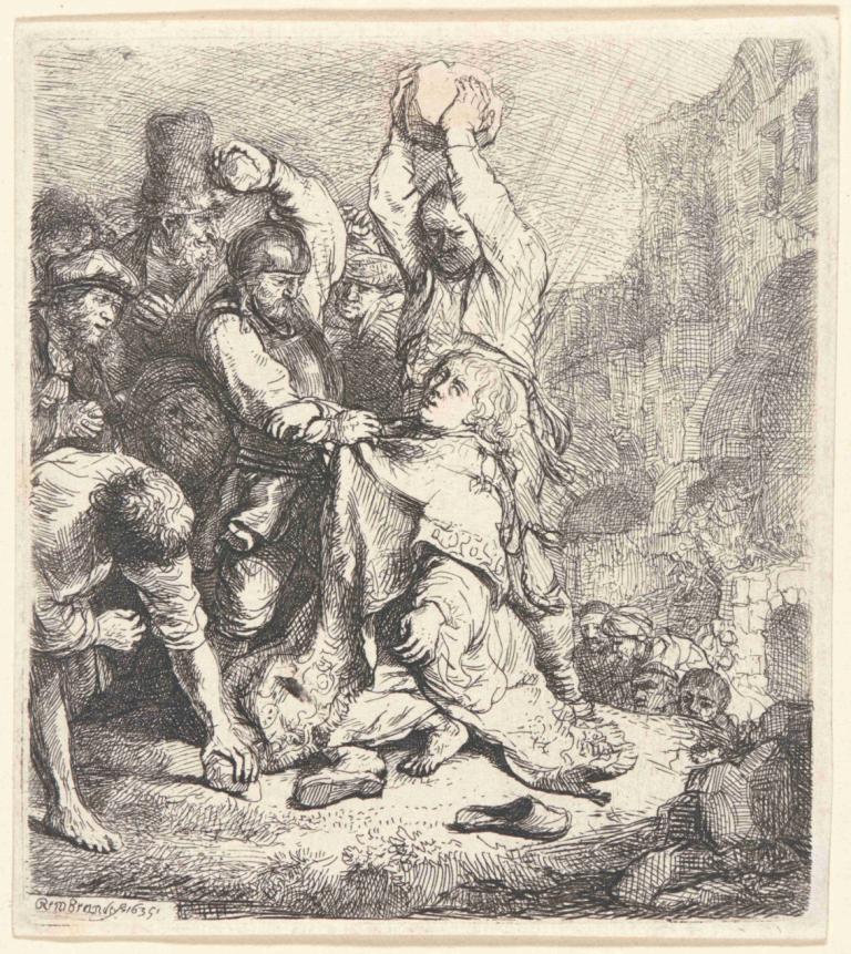 The Stoning of St. Stephen,Ukamenování svatého Štěpána,Rembrandt van Rijn,Mědirytinový lept,Mědirytinový lept