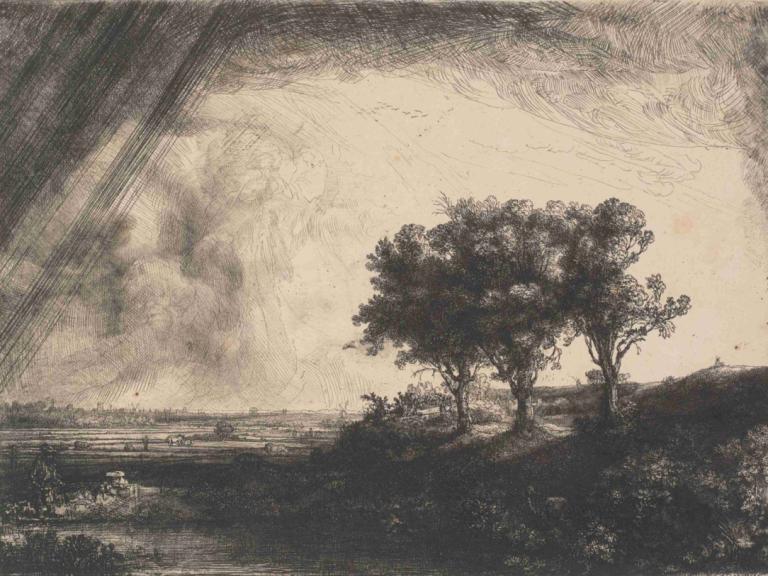 The Three Trees,三棵树,Rembrandt van Rijn,伦勃朗,铜版画,铜版画, 树, 风景, 传统媒体, 户外, 单色, 没有人类, 天空, 云