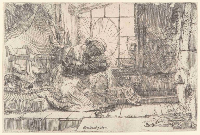 The Virgin and Child with the Cat and Snake,圣母子与猫和蛇,Rembrandt van Rijn,伦勃朗,铜版画,铜版画, 单色, 窗户, 坐着, 独奏, 在室内, 1男孩