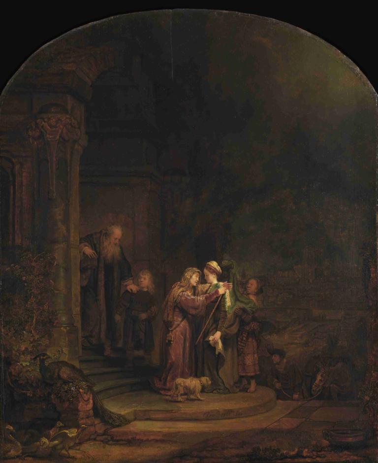 The Visitation,探访,Rembrandt van Rijn,伦勃朗,油画,油画, 多个女孩, 裙子, 多个男孩, 老妇人, 老的, 常设, 美术模仿, 长袍, 保持, 2个女孩, 长发