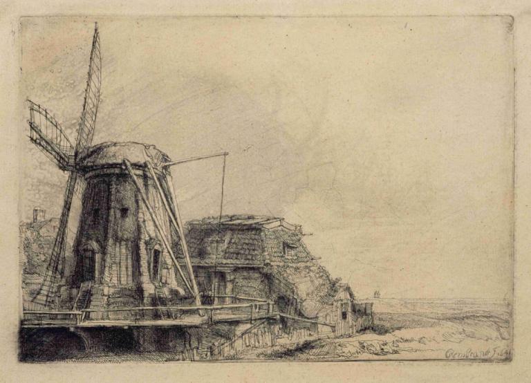 The Windmill,风车,Rembrandt van Rijn,伦勃朗,铜版画,铜版画, 没有人类, 船只, 单色, 传统媒体, 户外, 海洋, 船, 边界, 船, 风景, 水