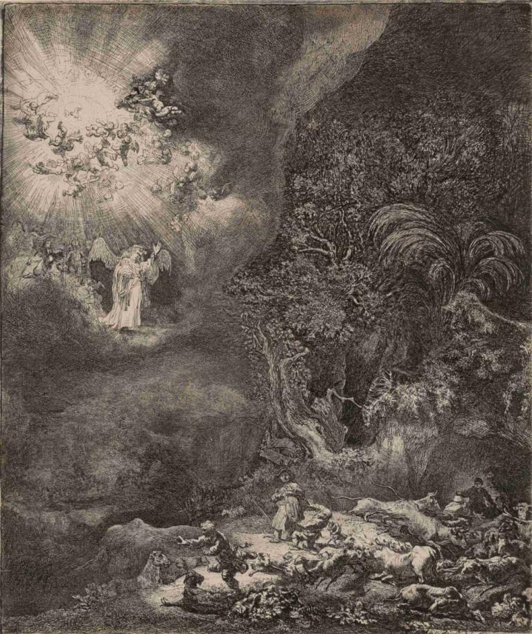 The angel appearing to the shepherds,Anděl se zjevuje pastýřům,Rembrandt van Rijn,Mědirytinový lept