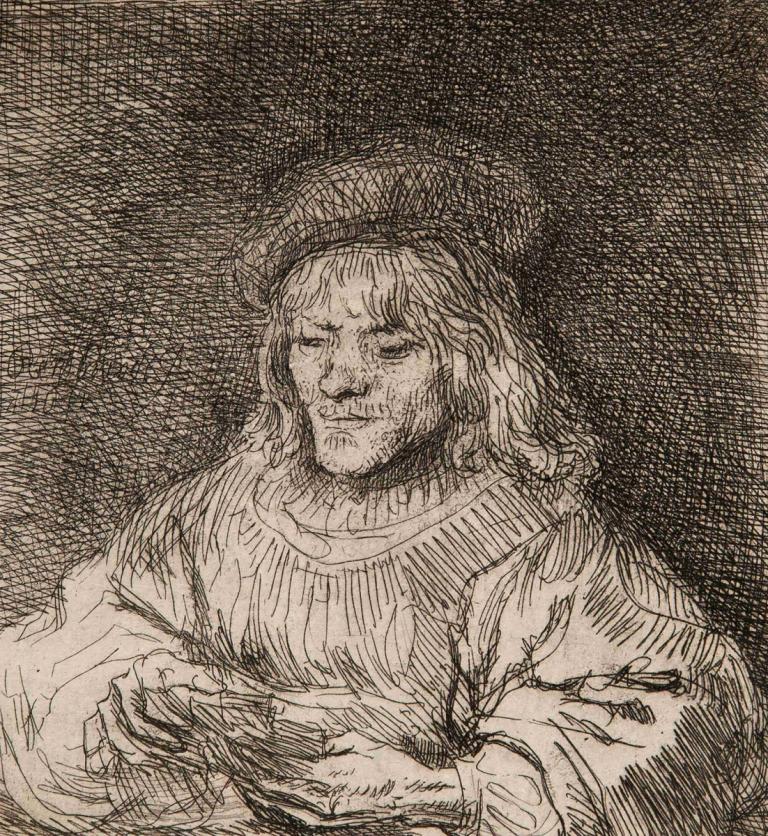 The card player,De kaartspeler,Rembrandt van Rijn,Koperplaatetsing,Koperplaatetsing, monochroom, solo