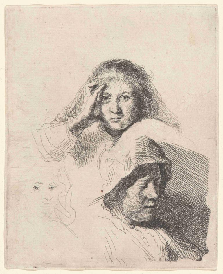 Three Heads of Women, One Lightly Etched,三个女人的头像，一个是轻微蚀刻的,Rembrandt van Rijn,伦勃朗,铜版画,铜版画, 单色, 多个男孩, 草图, 2个男孩