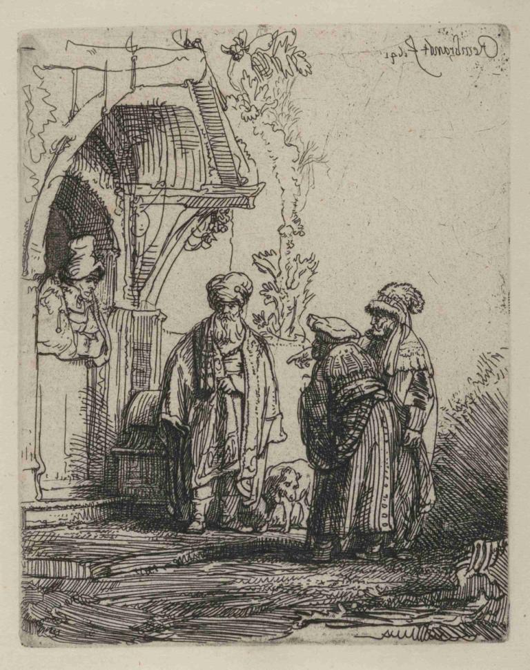 Three oriental figures,三个东方人物,Rembrandt van Rijn,伦勃朗,铜版画,铜版画, 单色, 老的, 多个男孩, 帽子, 老人, 灰度, 草图, 老妇人, 多个女孩