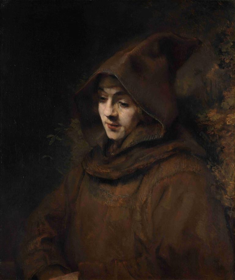 Titus in a Monk’s Habit,僧侣习惯中的提图斯,Rembrandt van Rijn,伦勃朗,油画,油画, 独奏, 兜帽, 1男孩, 男性焦点, 披风, 长袍, 罩起来, 闭着嘴, 上半身