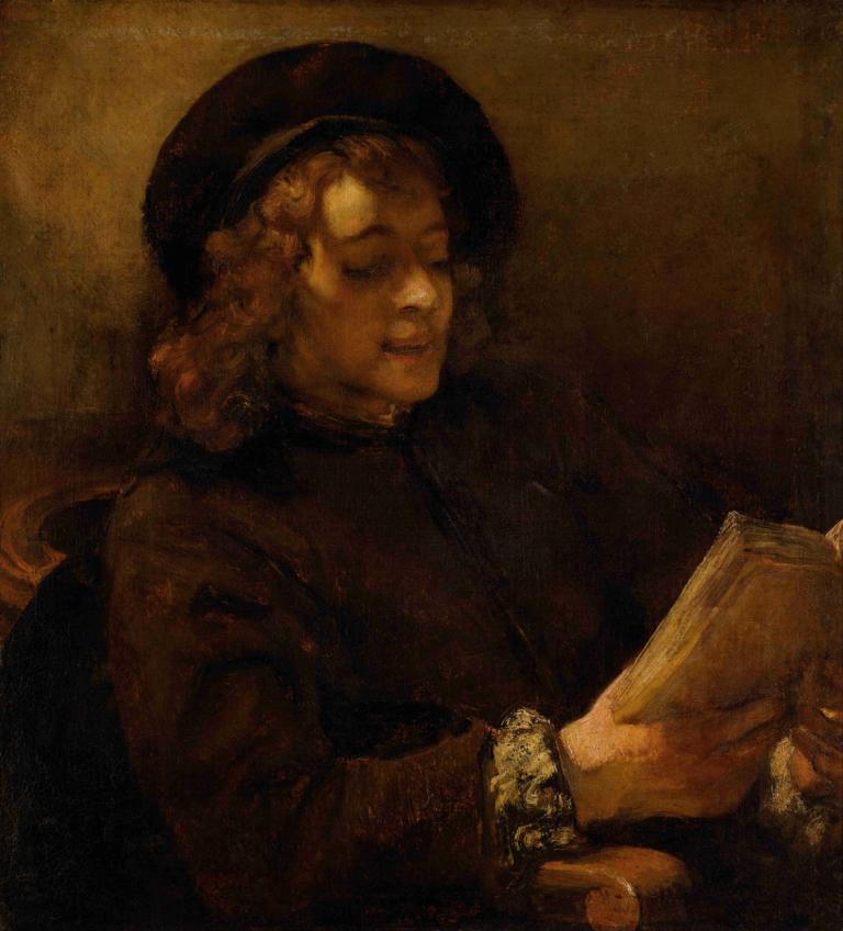 Titus van Rijn, the Artist’s Son, Reading,Titus van Rijn，艺术家的儿子，读书,Rembrandt van Rijn,伦勃朗,油画,油画, 1个女孩, 独奏, 帽子