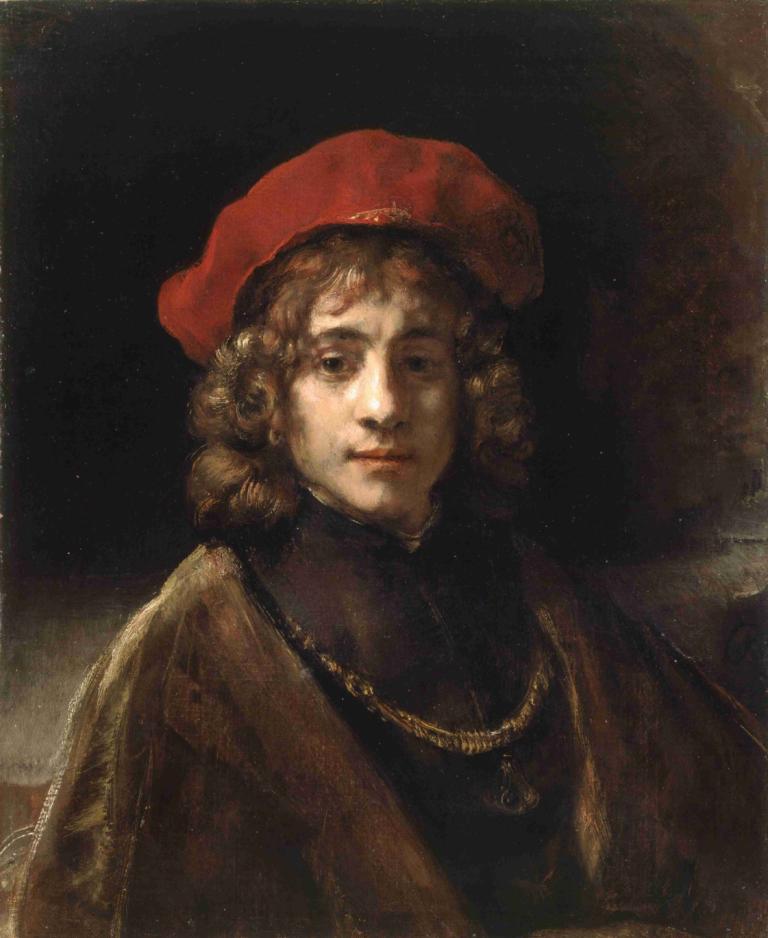 Titus, the Artist's Son,提图斯，艺术家的儿子,Rembrandt van Rijn,伦勃朗,油画,油画, 1个女孩, 独奏, 帽子, 珠宝, 棕色的头发, 项链, 红色头饰, 美术模仿, 实际的