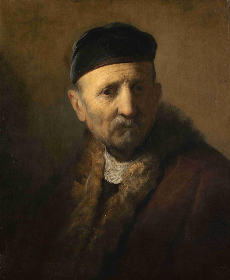 Tronie of an Old Man,老人的特罗尼,Rembrandt van Rijn,伦勃朗,油画,油画, 独奏, 男性焦点, 1男孩, 胡子, 胡子, 黑发, 胡须, 棕色背景, 帽子, 上半身, 看着观众