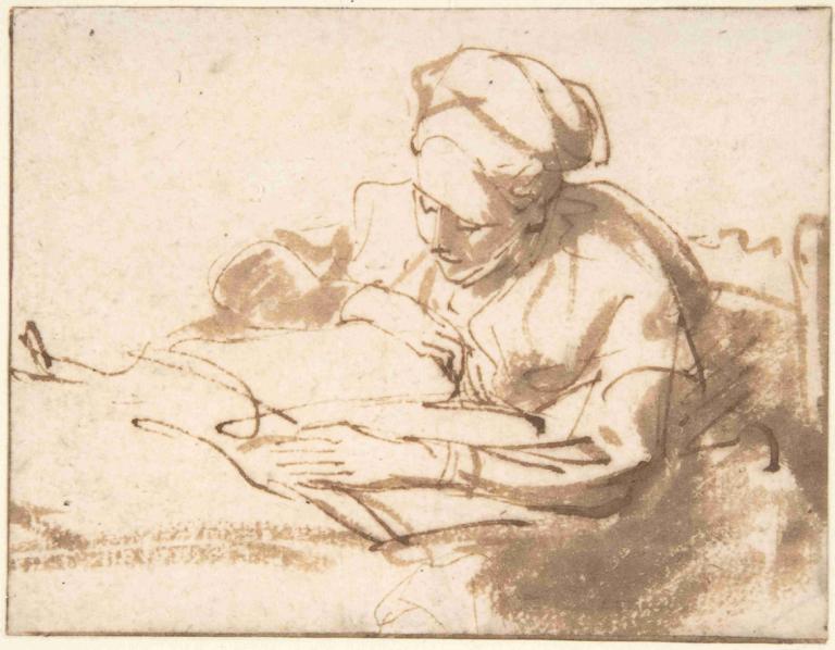 Woman Reading,Kvinde læser,Rembrandt van Rijn,Kobberstik ætsning,Kobberstik ætsning, monokrom, sepia, 1 pige