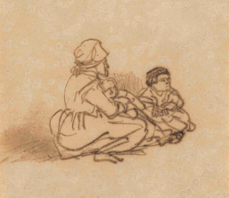 Woman Seated on the Ground with Two Children,두 아이와 함께 바닥에 앉은 여성,Rembrandt van Rijn,렘브란트 반 라인,스케치,스케치, 여자 1명