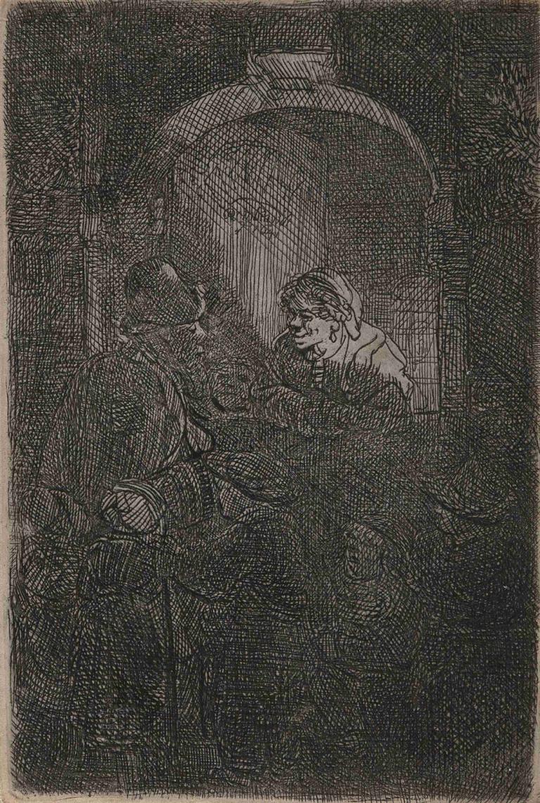 Woman at a hatch door talking to a man and children (the schoolmaster),女人在舱门口与男人和孩子（校长）交谈,Rembrandt van Rijn