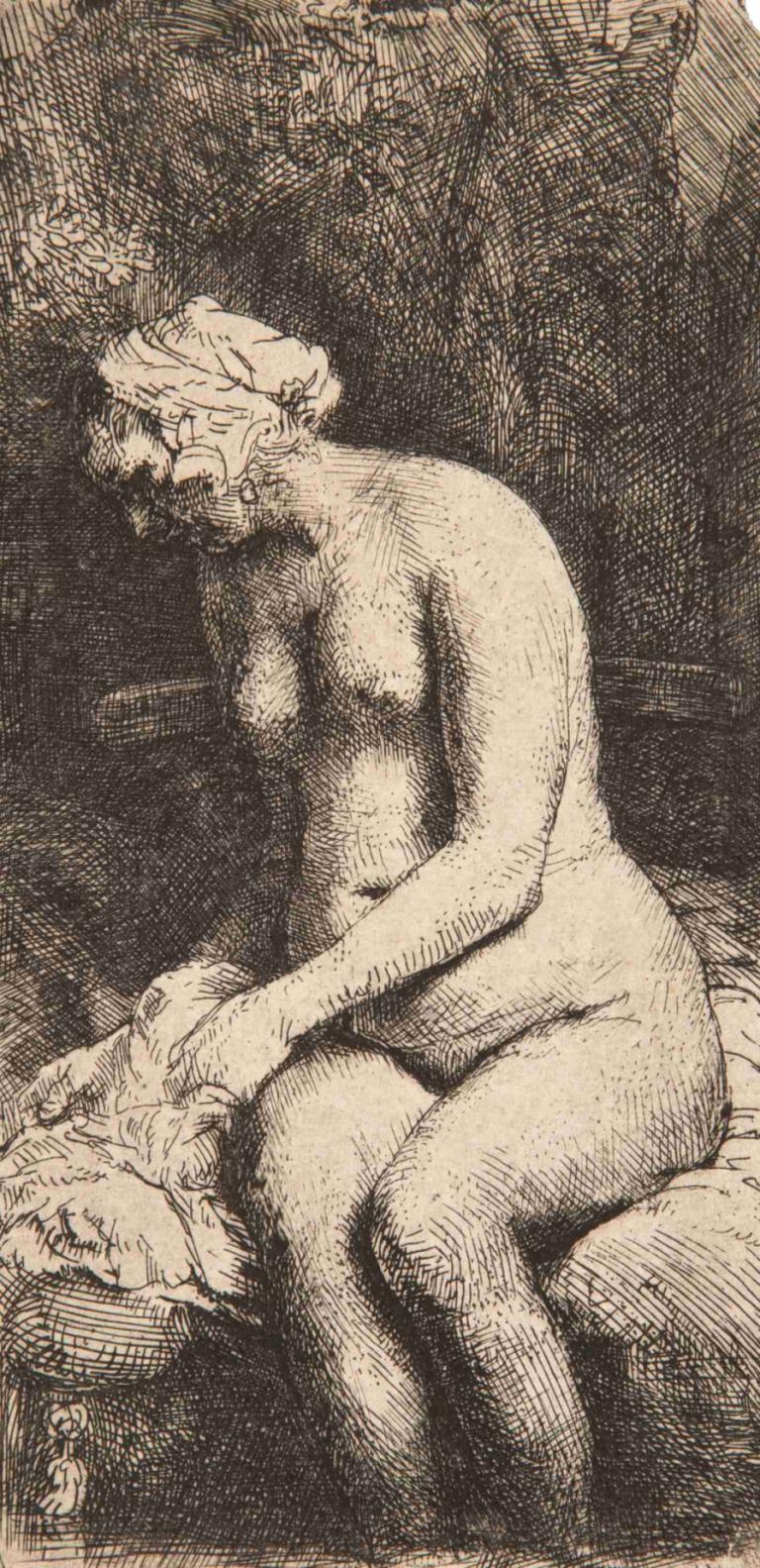 Woman bathing her feet at a brook,在溪边洗脚的女子,Rembrandt van Rijn,伦勃朗,铜版画,铜版画, 单色, 1个女孩, 裸体, 老的, 老人, 乳房, 传统媒体, 独奏