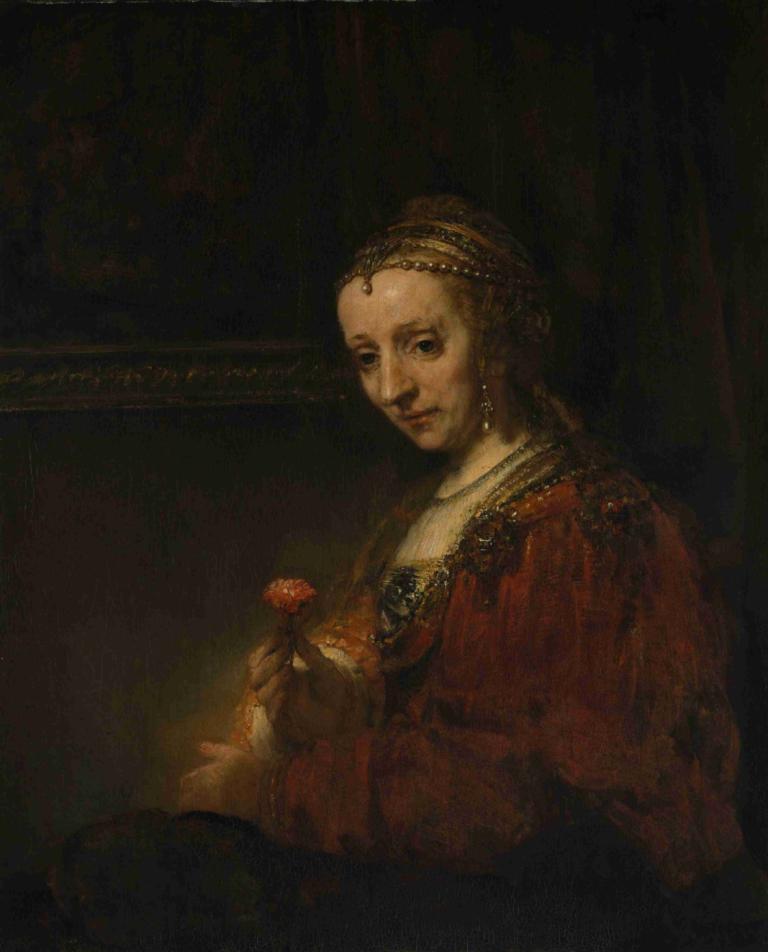 Woman with a Pink,ピンクの女,Rembrandt van Rijn,レンブラント・ファン・レイン,油絵,油絵, 1女の子, ソロ, ジュエリー, 美術パロディ, 花, ホールディング, 花を持っている