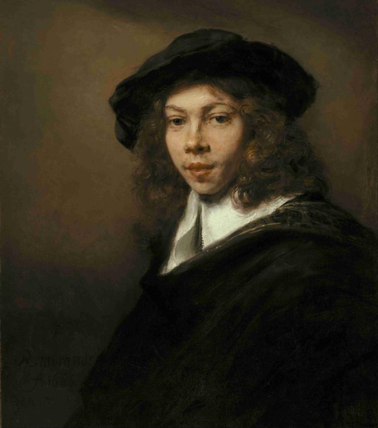 Young Man in a Black Beret,Rembrandt van Rijn,Oil Painting,Oil Painting, solo, hat, 1girl, brown hair