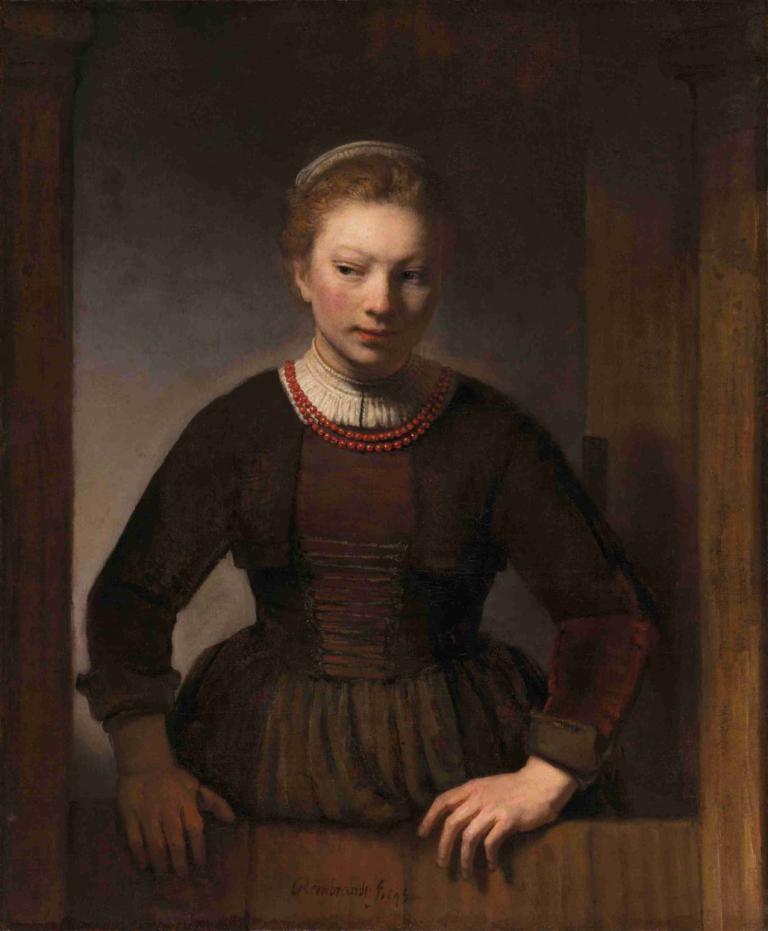 Young Woman at an Open Half-Door,Rembrandt van Rijn,Oil Painting,Oil Painting, 1girl, solo, fine art parody