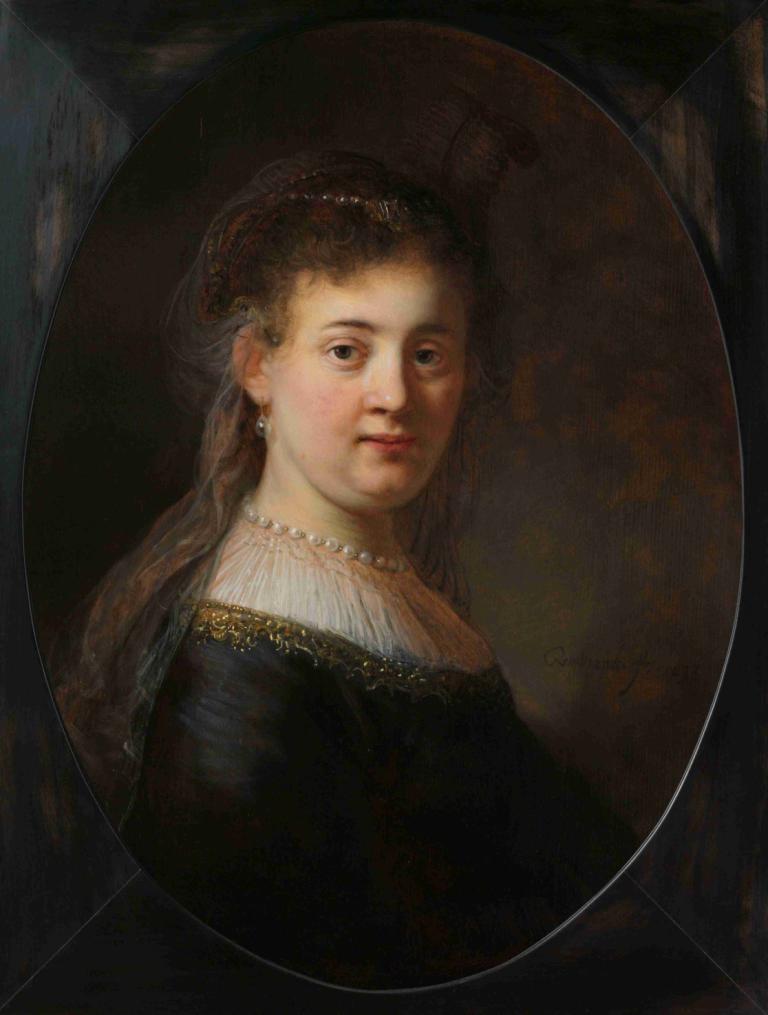 Young Woman in Fantasy Costume,穿著奇幻服裝的年輕女子,Rembrandt van Rijn,倫勃朗·範·裡恩,油畫,油畫, 1個女孩, 獨奏, 珠寶, 耳環, 實際的, 長髮, 項鍊