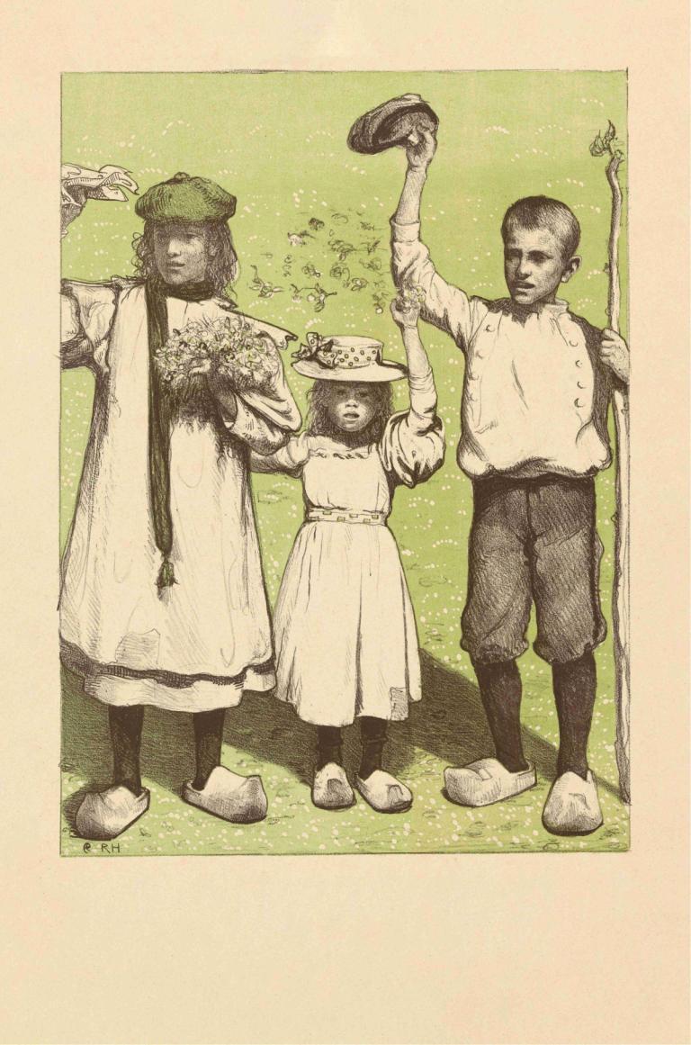 1 mei,Richard Nicolaüs Roland Holst,Illustration,Illustration, dress, hat, flower, holding, multiple boys