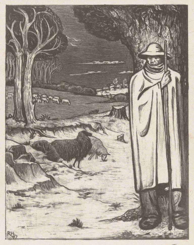 Herder met een kudde schapen in een heuvellandschap,Richard Nicolaüs Roland Holst,Illustration,Illustration