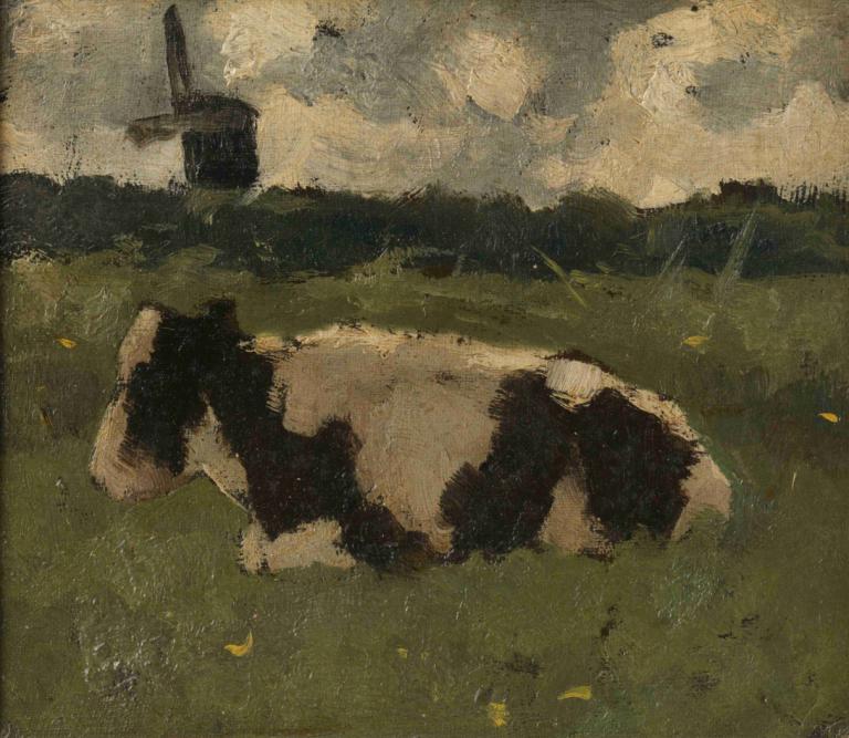 Resting Cow with a Mill,Vacă de odihnă cu o moară,Richard Nicolaüs Roland Holst,Pictura in ulei