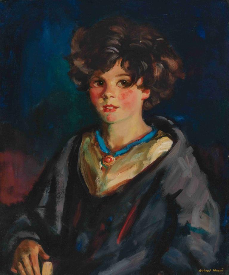 Annie Beg,Robert Henri,Oil Painting,Oil Painting, 1girl, solo, brown hair, short hair, jewelry, parted lips