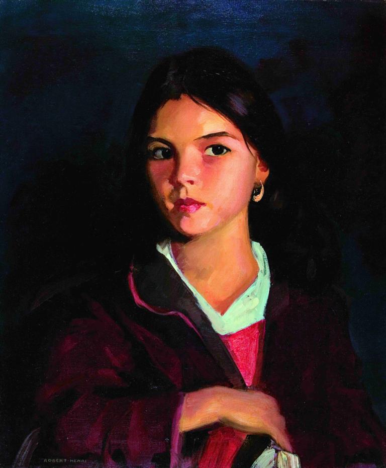 Bernadita,Robert Henri,Oil Painting,Oil Painting, 1girl, solo, black hair, jewelry, earrings, realistic