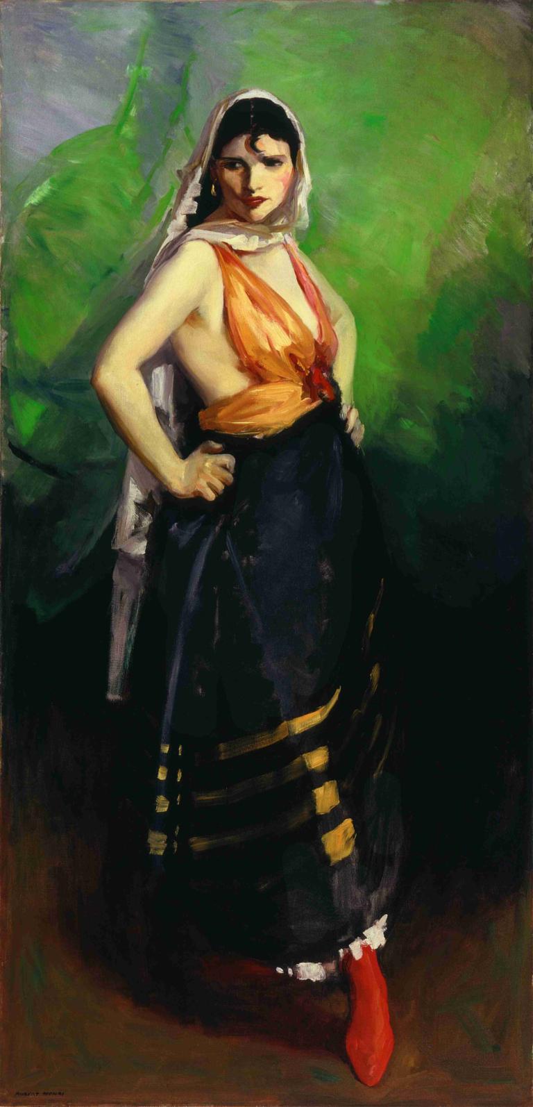 Betalo Rubino, Dramatic Dancer,贝塔洛-鲁比诺，戏剧舞蹈家,Robert Henri,罗伯特-亨利,油画,油画, 1个女孩, 独奏, 黑发, 双手放在臀部, 裤子, 嘴唇, 乳房, 实际的