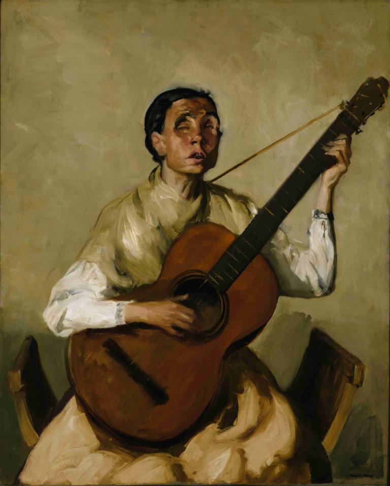 Blind Spanish Singer,Blind spansk sanger,Robert Henri,Oljemaleri,Oljemaleri, instrument, kunstparodi, solo