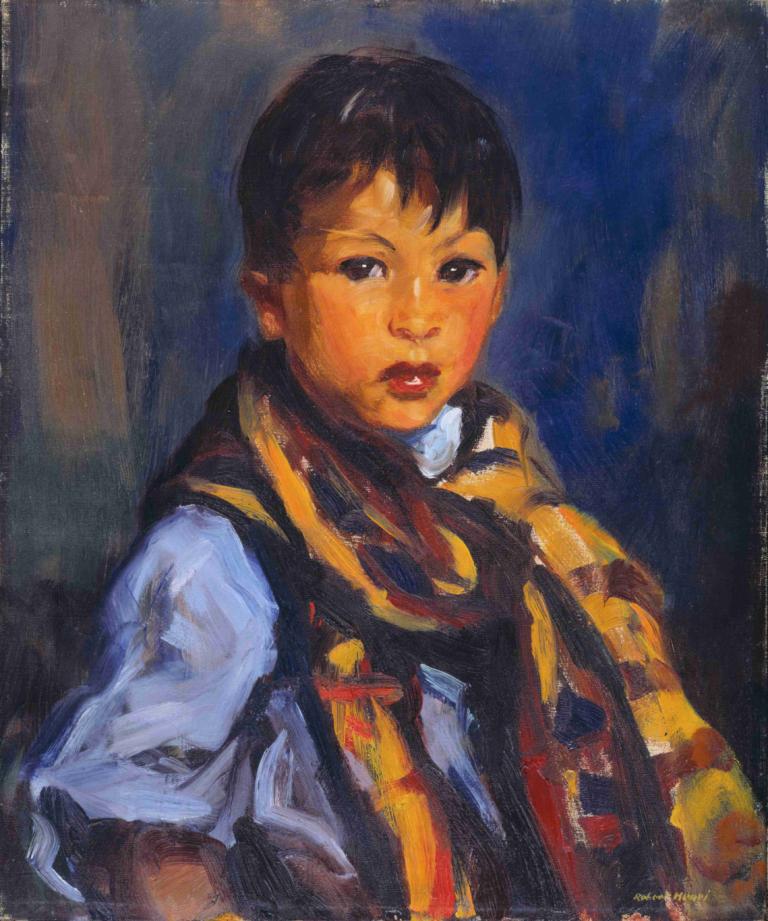 Boy with Plaid Scarf,Robert Henri,Oil Painting,Oil Painting, solo, traditional media, black hair, scarf