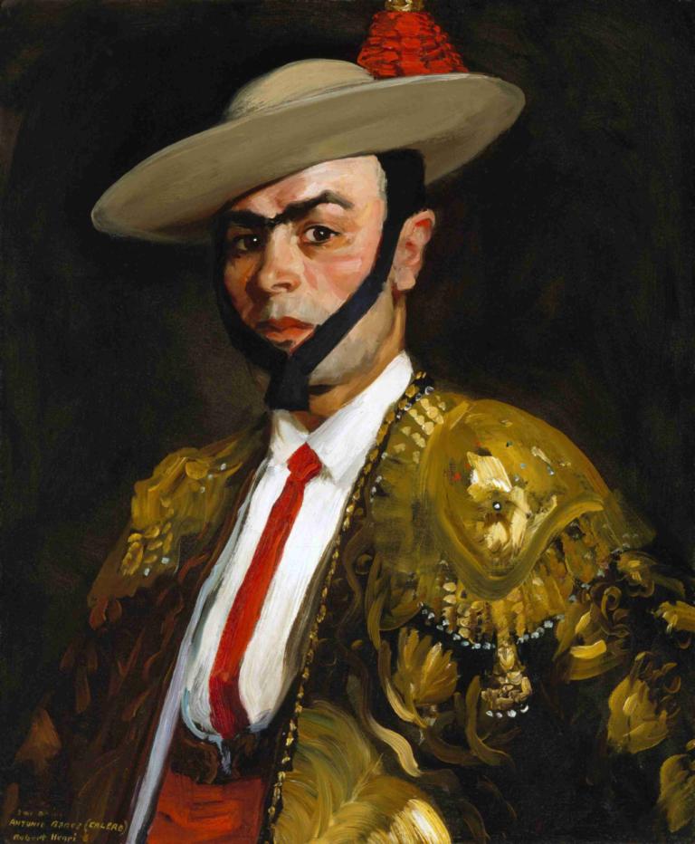 Calero (Antonio Baños),Robert Henri,Oil Painting,Oil Painting, 1boy, male focus, solo, necktie, hat