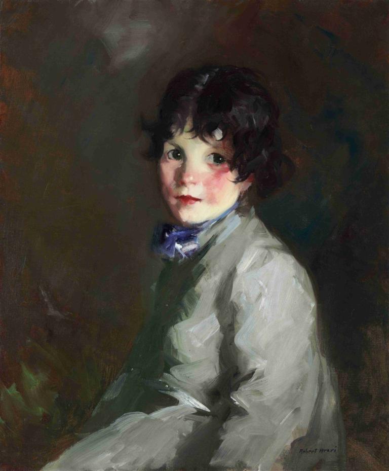 Catharine,Robert Henri,Oil Painting,Oil Painting, solo, black hair, 1boy, male focus, looking at viewer