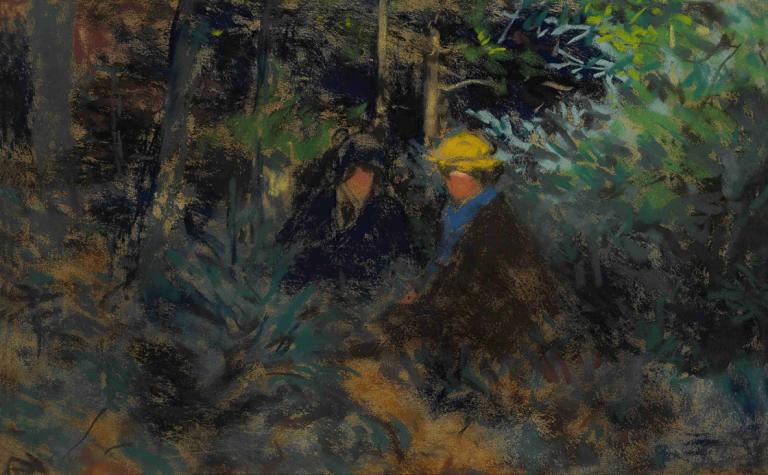 Conversation in the Forest,Robert Henri,Oil Painting,Oil Painting, solo, tree, helmet, outdoors, male focus