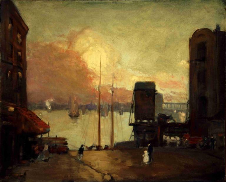 Cumulus Clouds, East River,Oblaki Cumulus, Vzhodna reka,Robert Henri,Oljna slika,Oljna slika, kulisa, cesta