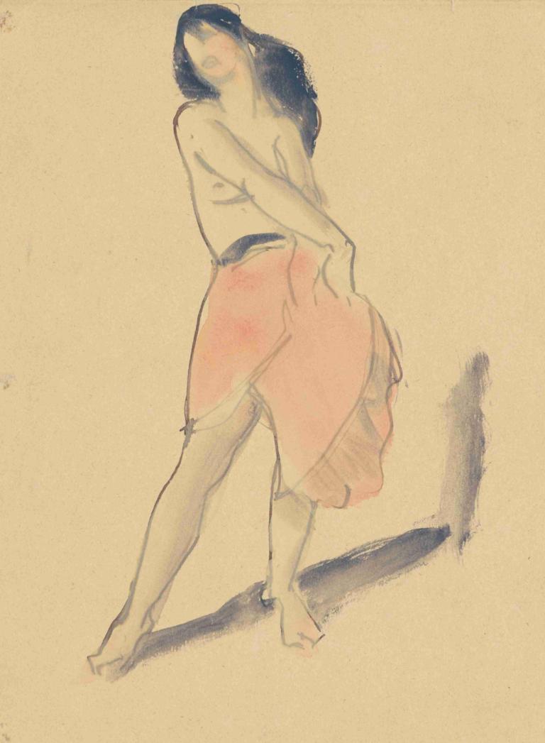 Dancer in a Red Skirt, No. 2,Robert Henri,Color Sketch,Color Sketch, 1girl, solo, long hair, black hair