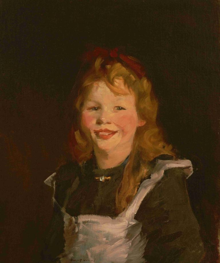 Dutch Girl,Robert Henri,Oil Painting,Oil Painting, 1girl, solo, smile, apron, long hair, looking at viewer