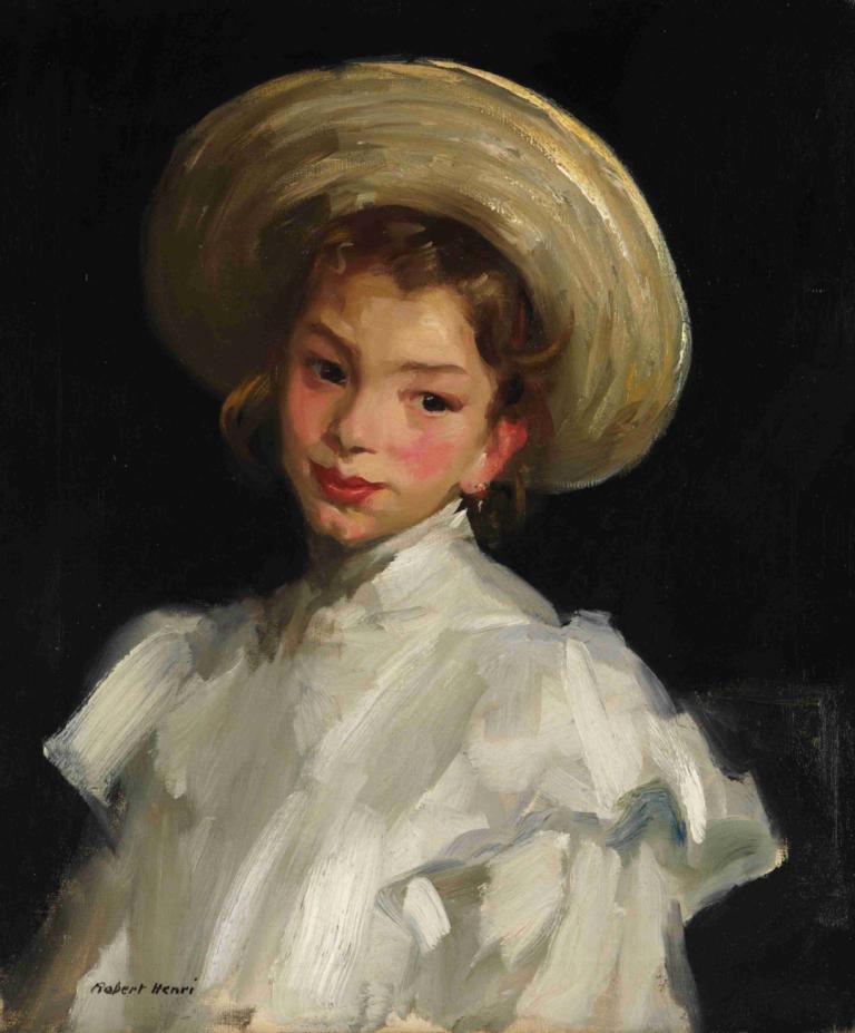 Dutch girl in white,Robert Henri,Oil Painting,Oil Painting, 1girl, solo, hat, white dress, dress